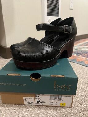 b.o.c. Black Perforated Mary Jane Heels with Ankle Strap